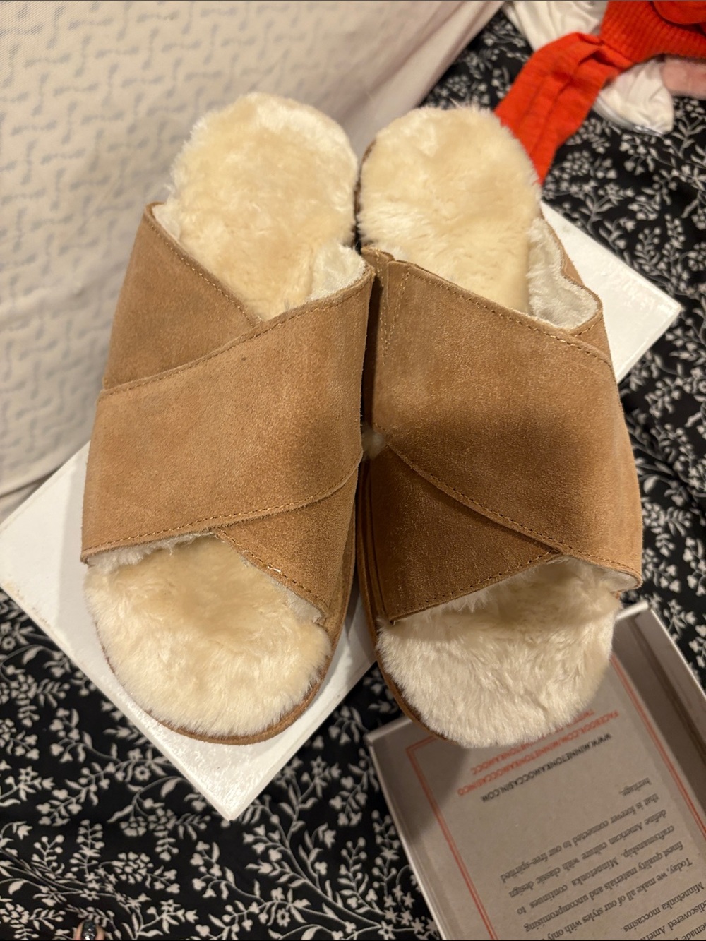 Minnetonka Tan Suede Shearling Crisscross Slide